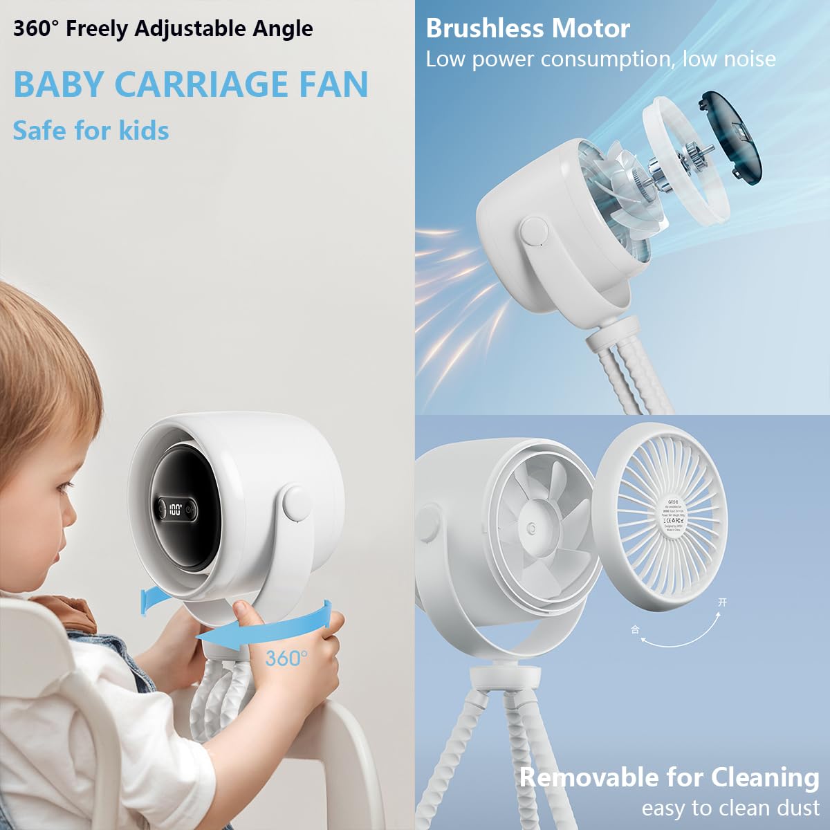 Petit Ventilateur de Poussette pour Bébé, Portable Ventilateur à Main/ de Bureau/ à Clip Silencieux Rechargeable USB pour Voiture Vélo Voyage BBQ, Rotation à 360°, 100 Vitesses, Veilleuse LED Black