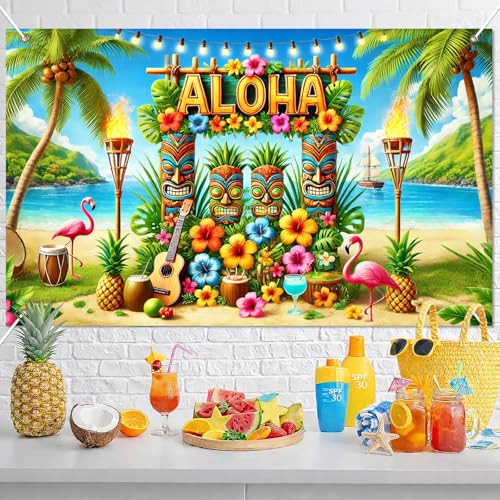 Image of BlissYard Aloha Banner 71 x 43 Inch Hawaiian Luau Backdrop with Tiki Masks Flamingo Hibiscus Palm Tree, Tiki Party Decorations for Summer Beach Photo Booth Wall Decor