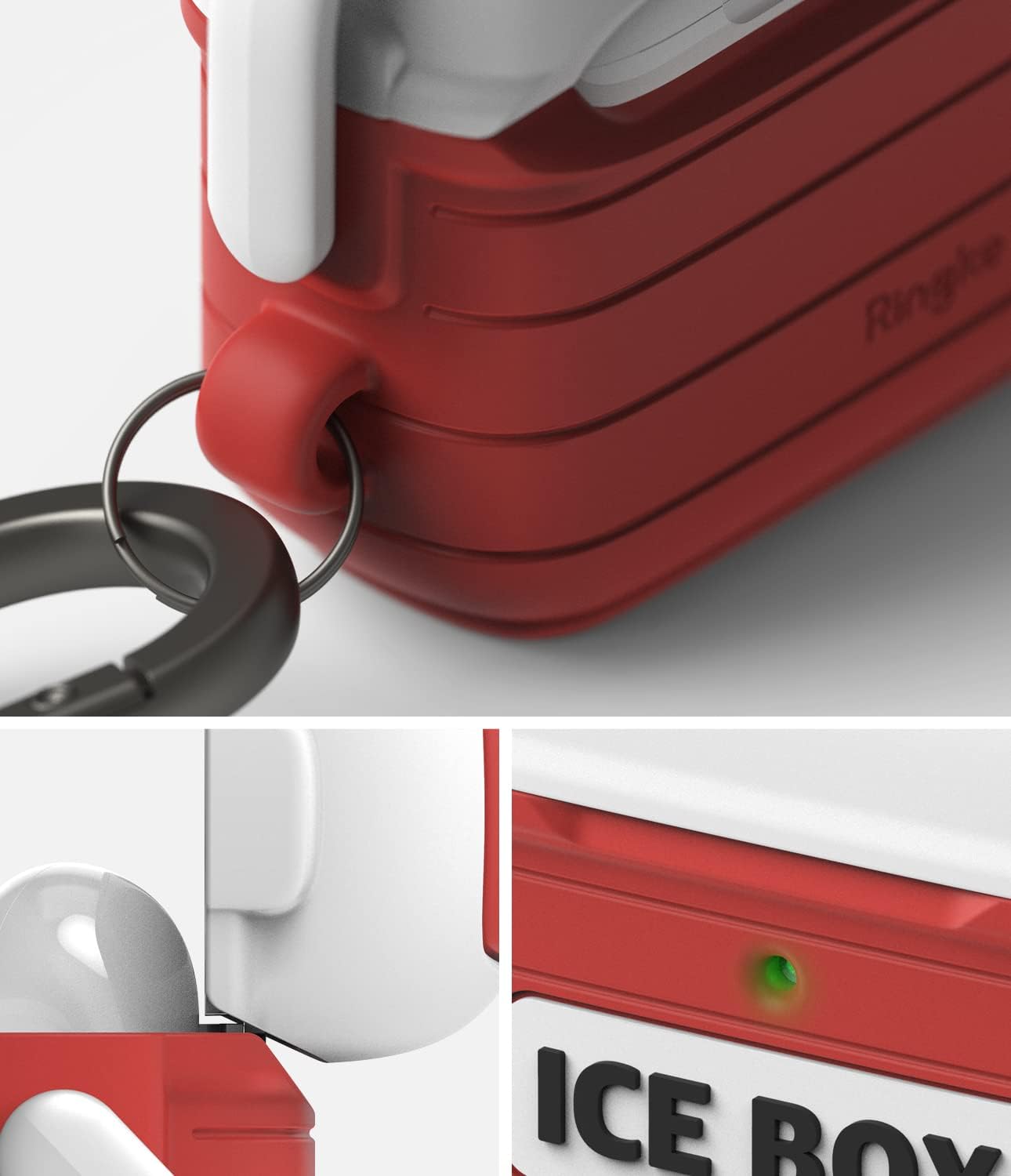 Ringke Silicone Case Compatible with AirPods 3rd Generation Case, Secure Lock Handle Cover with Keychain Carabiner, Cute Funny Design Compatible with AirPods 3 Case for Women, Men - Ice Box Red