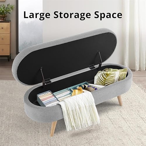 Miniatura 7 de TRIPLE TREE Banco otomano ovalado de almacenamiento, banco de entrada tapizado de tela de lino de 43.5 pulgadas con bisagra de seguridad y patas de