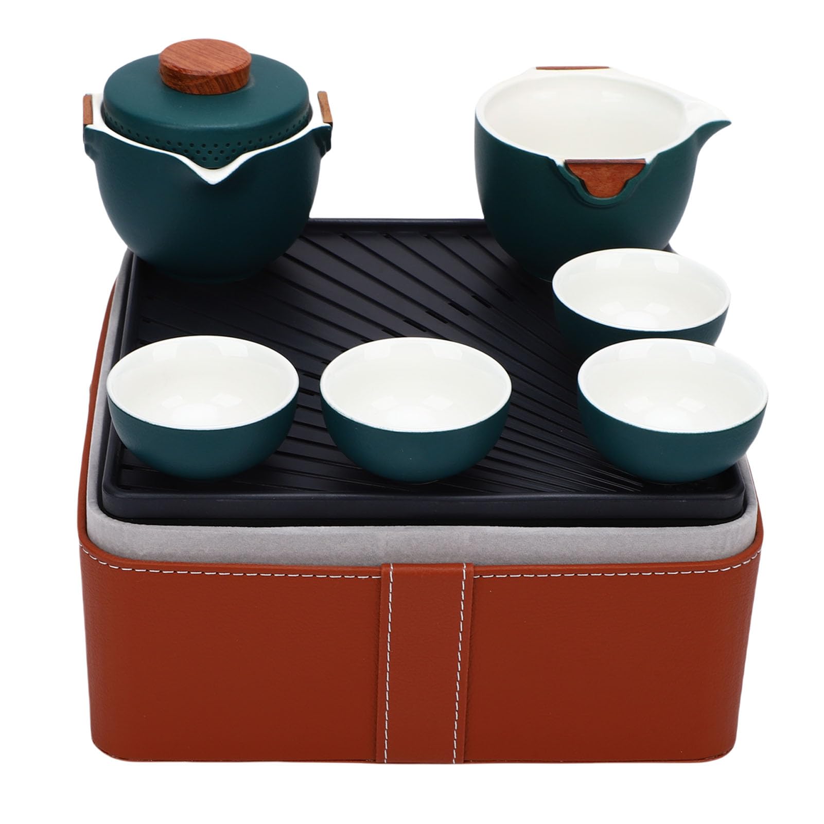 Alomejor Chiński Zestaw do Herbaty, Ceramiczny Zestaw do Herbaty Gongfu z Brązowym Schowkiem, Przenośny Czajniczek Podróżny Tradycyjnych Ceremonii Parzenia i Użytku na Zewnątrz