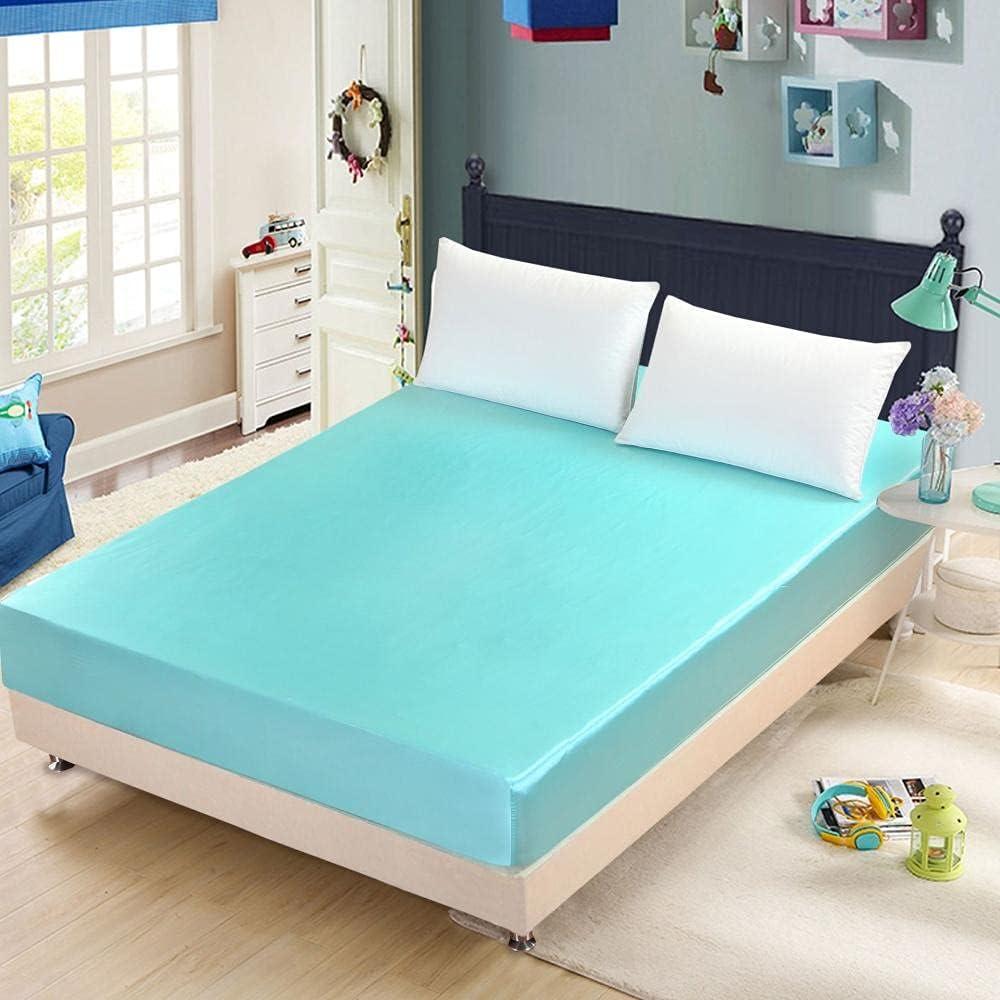 Stain Resistant Deep Pocket Bed Sheet Summer Satin Solid Color Silky Mattress Topper, Bedroom Hotel Homestay Single Double Cool Fitted Sheets Sky Blue 180200cm