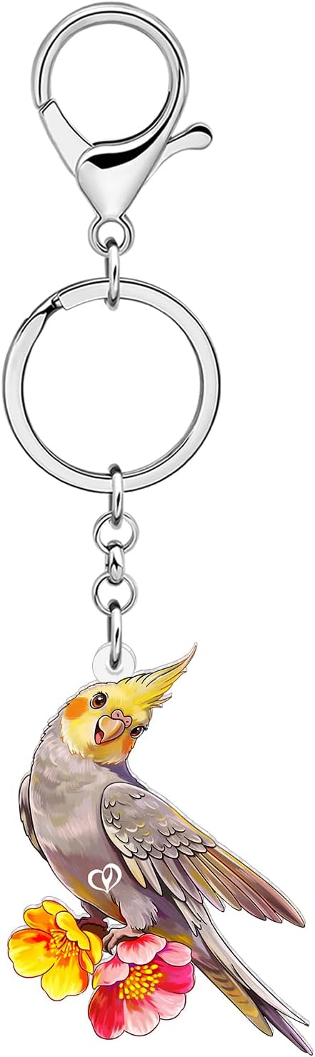 BONSNY Acrylic Grey Cockatiel Parrot Bird Keychains Key Ring Car Purse Bags Birds Lover Animal Gifts image 2
