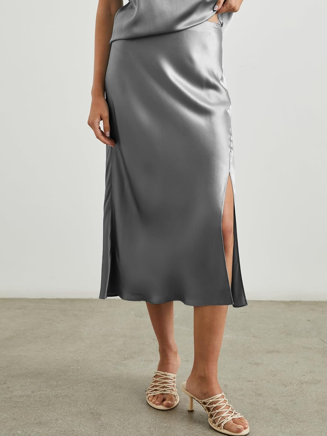 Womens Satin Silk High Waist Slit Midi Skirt Elastic Waistband Midi Skirts for Women - Image 3