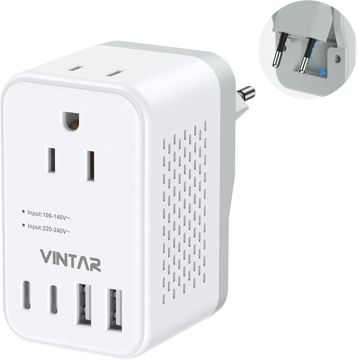 VINTAR Foldable 220V to 110V Travel Voltage Converter US to Europe, 2000W | European Travel Plug Adapter, 2 Outlets, 4 USB Ports(2 USB-C), Step Down Converter for Hair Dryer Straightener Curling Iron