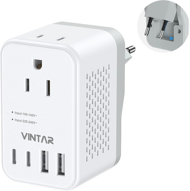VINTAR Foldable 220V to 110V Travel Voltage Converter US to Europe, 2000W | European Travel Plug Adapter, 2 Outlets, 4 USB Ports(2 USB-C), Step Down Converter for Hair Dryer Straightener Curling Iron
