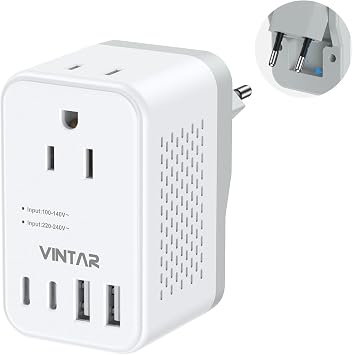 220V to 110V Travel Voltage Converter US to Europe, VINTAR 2000W Foldable European Travel Plug Adapter with 4 USB 2 USB C, Converter for European Travel for Hair Dryer Straightener Curling Iron
