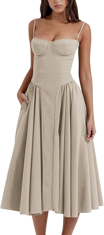 midelxp Womens Corset Dress Elegant Spaghetti Strap Bustier Midi Dress Low Cut Flowy Pleated Hem Formal Dresses with Pockets