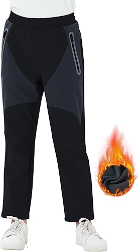 Miniatura 3 de MoFiz Pantalones de esquí con forro polar y cintura elástica para niños, impermeables, con bolsillo con cremallera