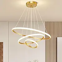 Luminária Pendente LED Moderna 3 Anéis 72W, Redonda Embutida, Regulável, 3 Cores de Luz (3000K/4000K/6000K), Altura Ajustável, Design Luxuoso para Sala, Quarto ou Escritório (Dourado)
