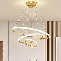 Luminária Pendente LED Moderna 3 Anéis 72W, Redonda Embutida, Regulável, 3 Cores de Luz (3000K/4000K/6000K), Altura Ajustável, Design Luxuoso para Sala, Quarto ou Escritório (Dourado)