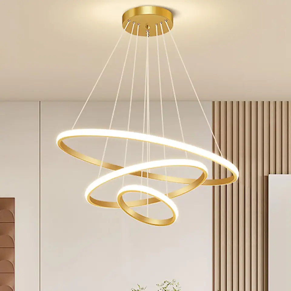 Luminária Pendente LED Moderna 3 Anéis 72W, Redonda Embutida, Regulável, 3 Cores de Luz (3000K/4000K/6000K), Altura Ajustável, Design Luxuoso para Sala, Quarto ou Escritório (Dourado)