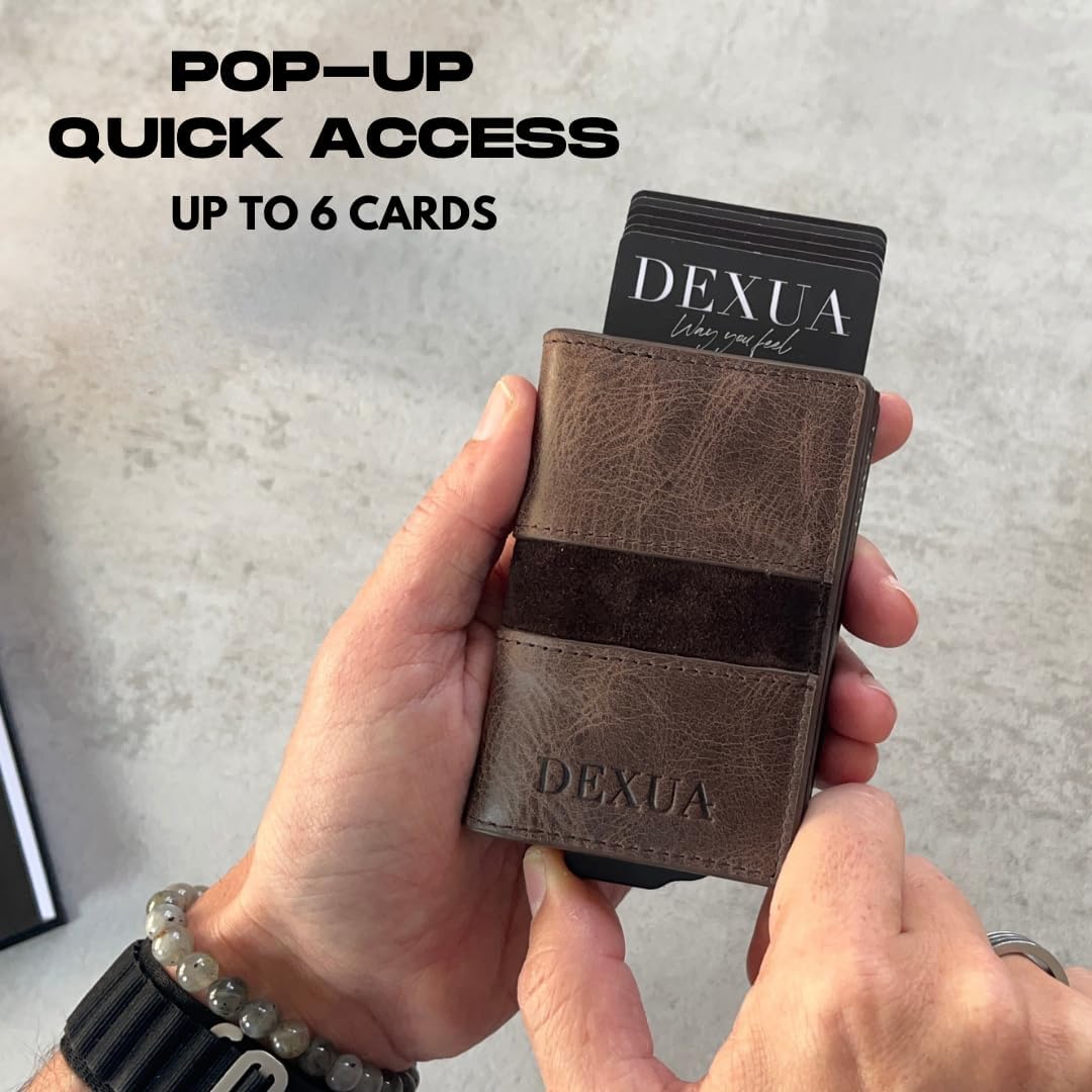 Mens Wallet, Geniune Leather Slim Wallet, RFID Blocking Pop-Up Card Holder, Total 9 Cards Capacity, Cash Slot, Magnetic Closure, Gift Ready