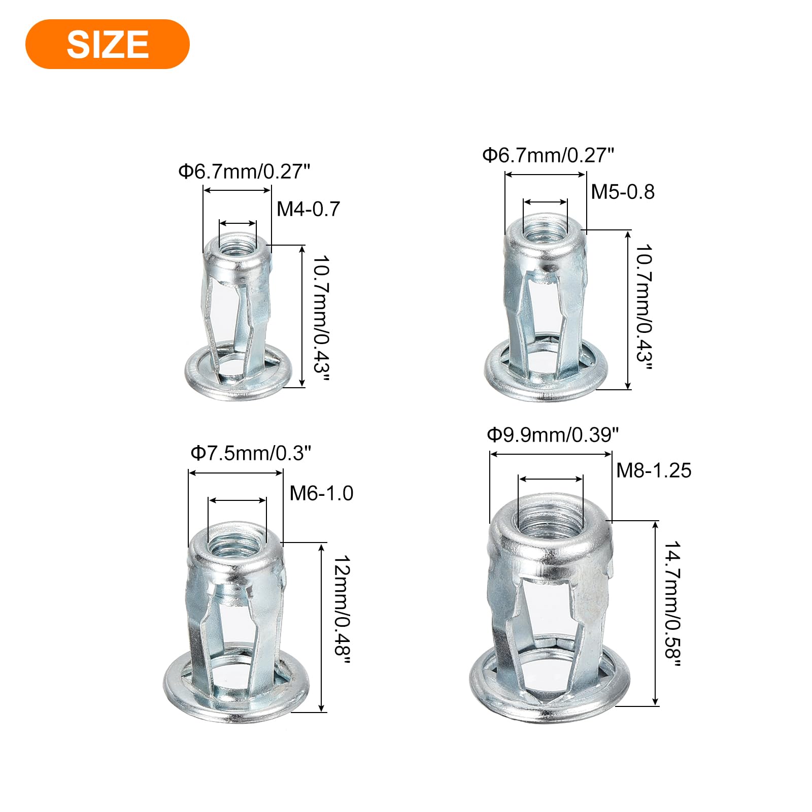 QUARKZMAN 110 Stück Eingebettete Nietmuttern, Vielgreif-Mutter Blindnietmuttern M4-0.7 M5-0.8 M6-1.0 M8-1.25 Blindeniet Für Kunststoff Pressspan Hartfaserplatte Türanker Stahlrohr