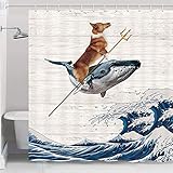 JAWO Funny Corgi Dog Shower Curtain, The Corgi Rides a Whale On Huge Waves Rustic Wooden Board Background, Kanagawa Great Wave Fabric Shower Curtain Set with Hooks 69W X 70L Inches