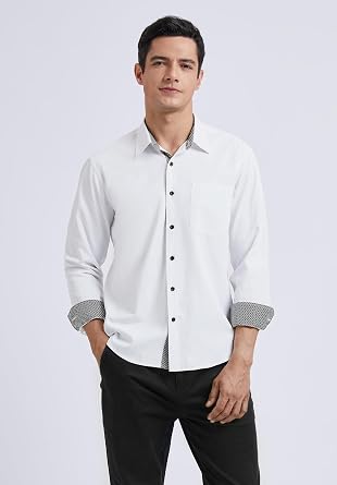 HISDERN Men's Inner Contrast Shirt Casual Formal Classic Button Down Dress Shirts Long Sleeve Plaid Collar Regular Fit
