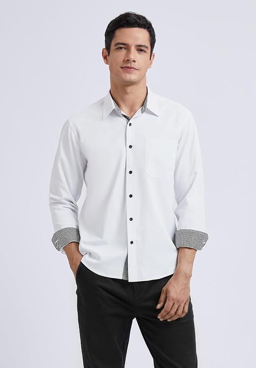 HISDERN Men's Inner Contrast Shirt Casual Formal Classic Button Down Dress Shirts Long Sleeve Plaid Collar Regular Fit