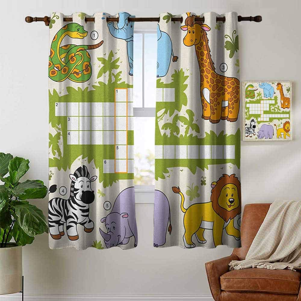 petpany Room Darkening Wide Curtains Word Search Puzzle,Colorful Crossword Game for Children Wild Jungle Safari Animals Grid, Multicolor,Light Blocking Drapes with Liner 42"x63"