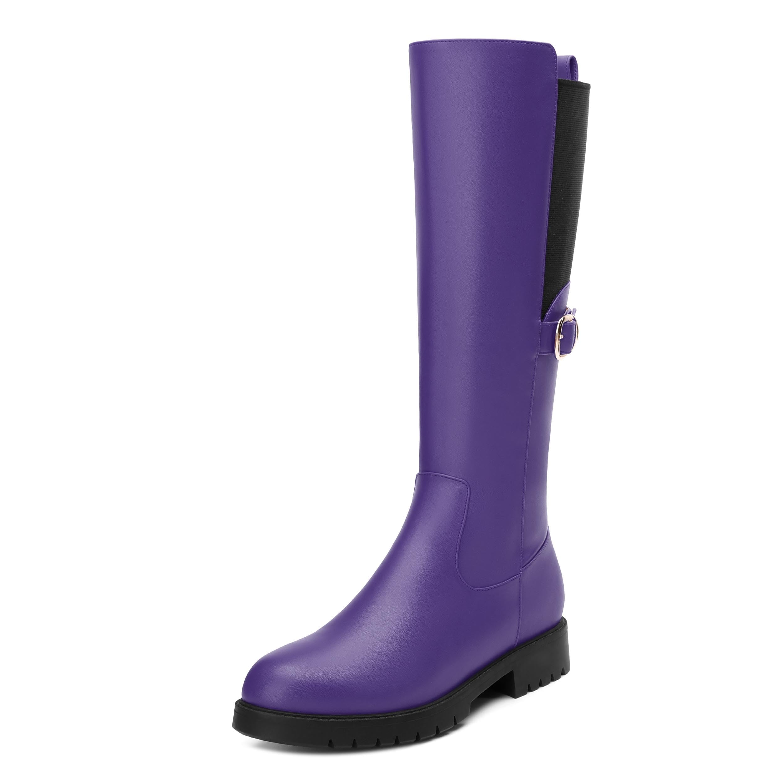 Womens Knee-high Boots Side Zipper Round Toe Low Chunky Heel Riding Boots Fashion Buckle Solid Matte Knee High