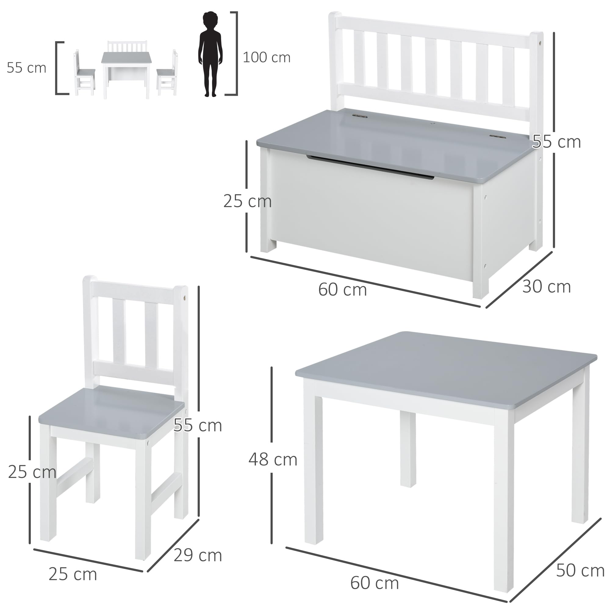 HOMCOM Ensemble de Table et chaises Enfant - Set de 4 pièces - Table, 2 chaises, Banc Coffre 2 en 1 - MDF pin Blanc Gris