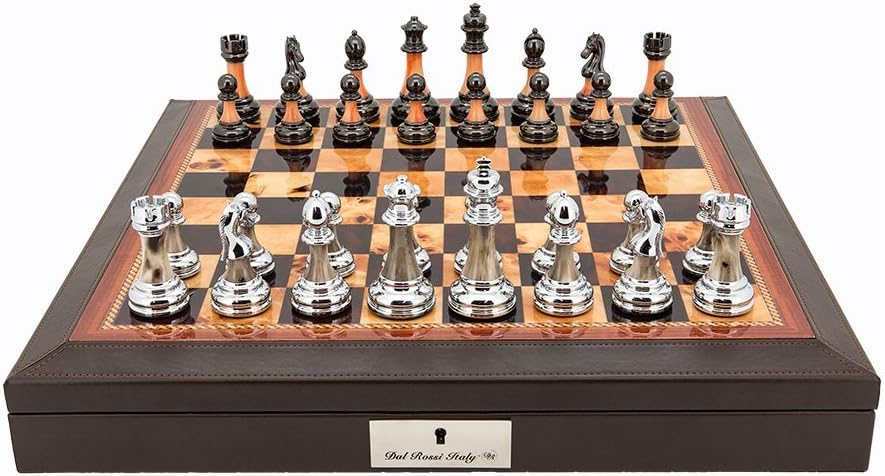 L2011DR Dal Rossi Italy 16 Chess Set Walnut Finish Chess Set with PU Leather Edge with compartments and Metal / Marble Finish Chess Pieces by Dal Rossi Italy