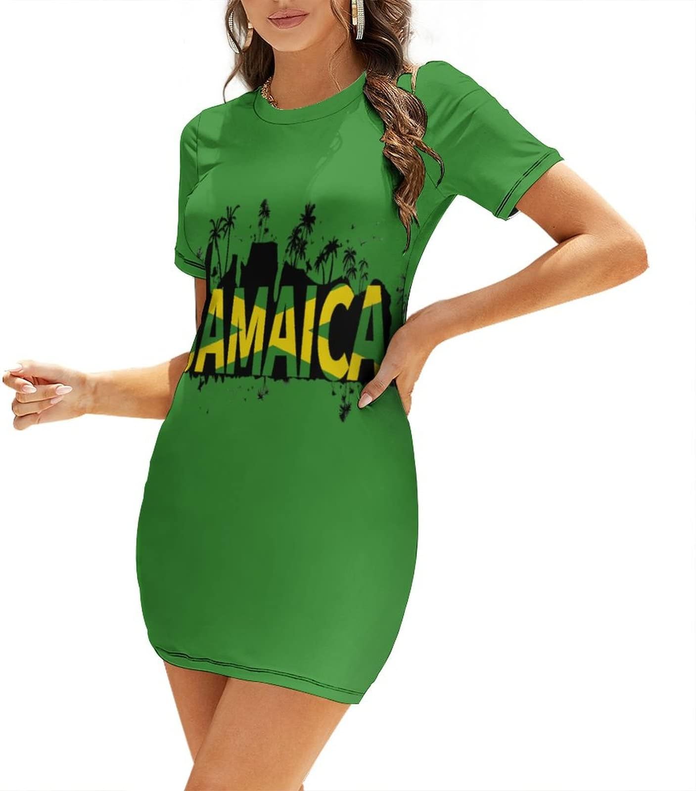 Fattyeery Womens Summer Casual Loose Dress Jamaica Flag Long Dress Short Sleeve for Girls Fashion Skirts S