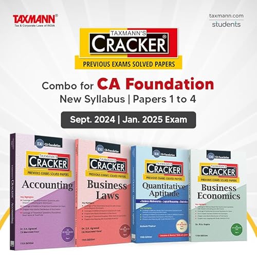 Taxmann's CRACKER COMBO for CA Foundation | New Syllabus | Sept. 2024/Jan. 2025 Exams – Papers 1 to 4 | CRACKER Series | Accounts, Law, Maths, LR &amp; Stats, and Economics | July 2024 Edition | 4 Books