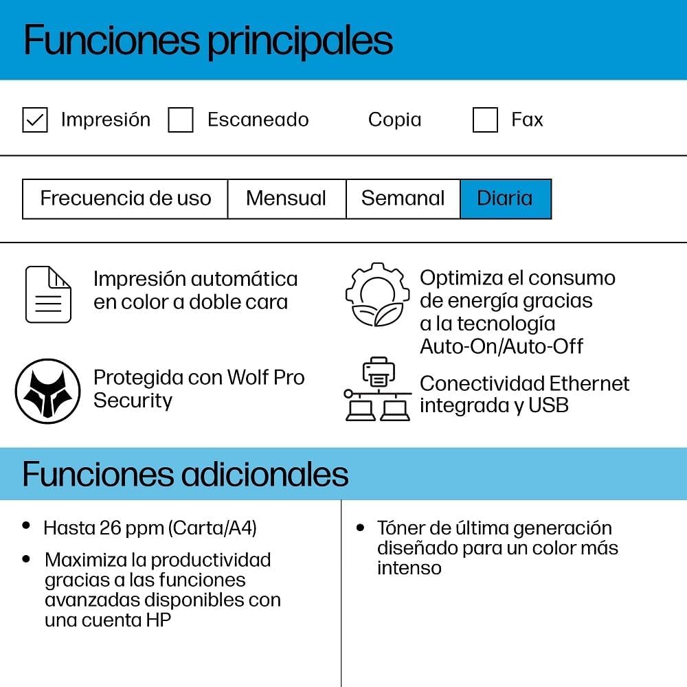 HP Color LaserJet Pro 3202dn, Impresora Láser Monofunción A4, impresión a Doble Cara automática, 25 ppm, USB 2.0, Procesador 1,2 GHz, Ethernet, Memoria 256MB, Compatible Smart, Blanca y Azul