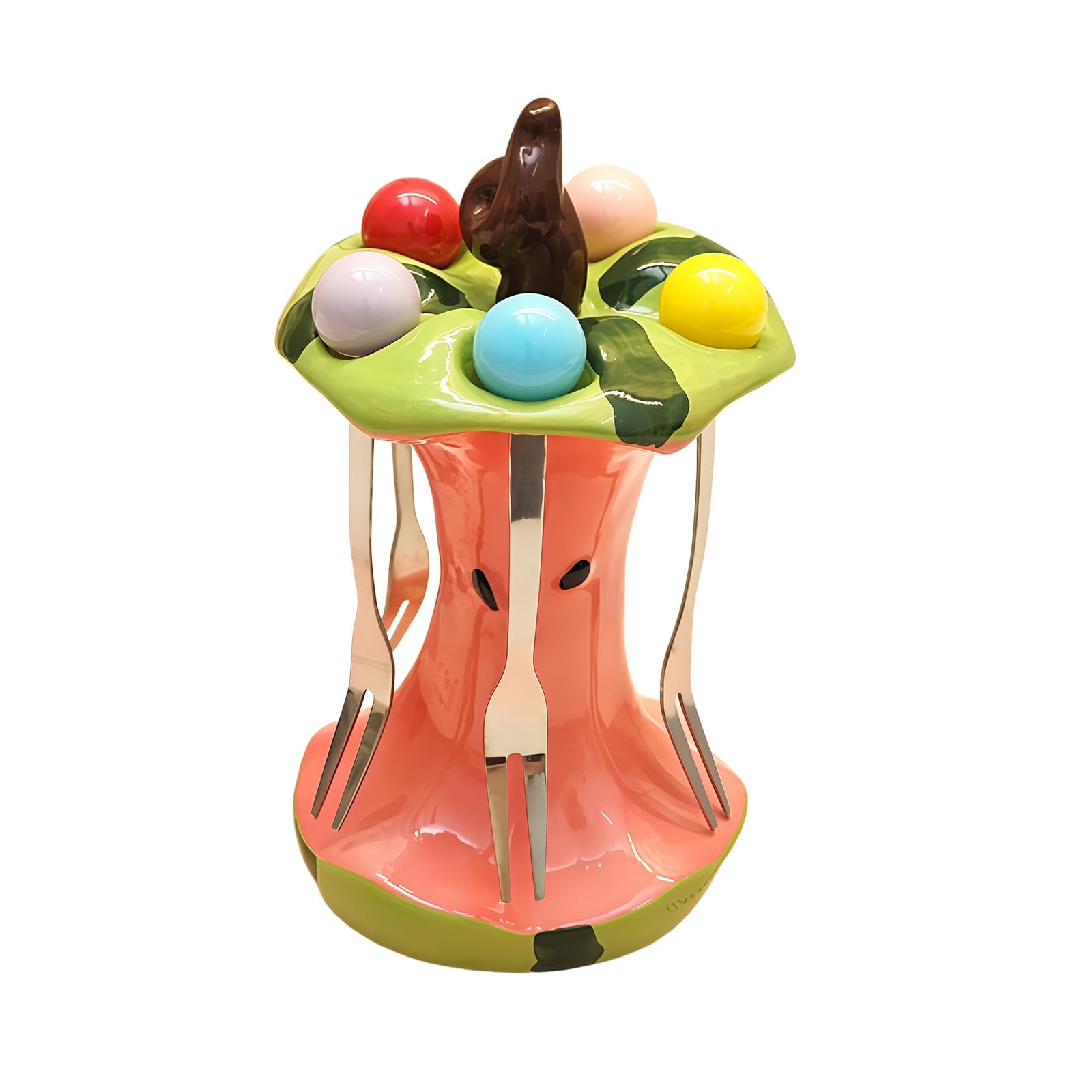 COOLHOOD Ceramic Watermelon Bowl Set with 5 Stainless Steel Forks for Fruit Salad Candy Snacks Party Serving Stainless Steel Forks Set