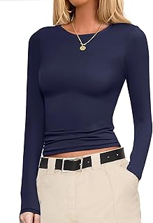 Ekouaer Womens Long Sleeve Shirts Fitted Tops Stretchy Base Layer Basic Tight Thermal Undershirt XS-XXL