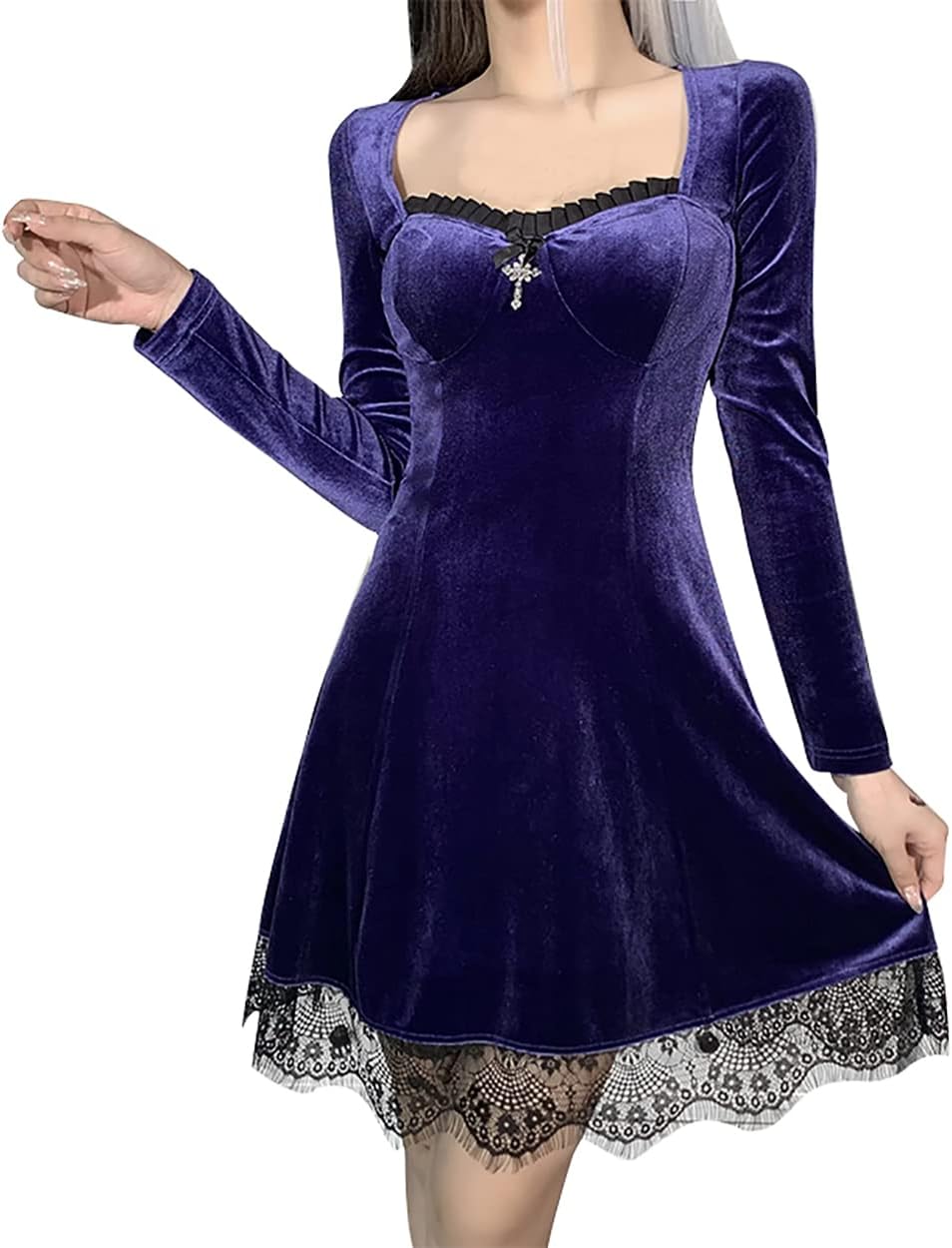 TSMNZMU Gothic Lolita Dress Velvet Long Sleeve Vintage Vampire Dresses Punk Grunge Witchy Dress Emo Alt Fairy Dress - Image 4