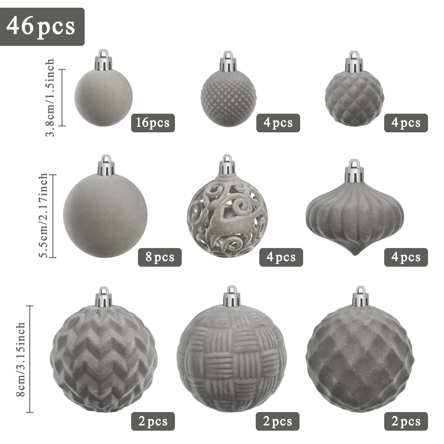 Artmag Samt-Weihnachtskugel-Set, 46 Stück, bruchsicher, beflockt, Kunststoff, verschiedene Größen für Weihnachtsfeiertage, Dekoration, Grau