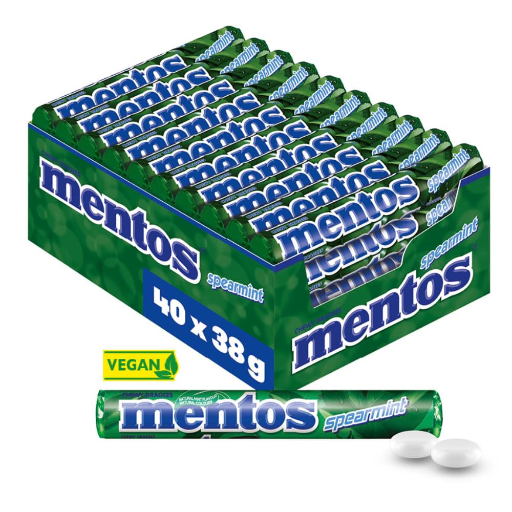 Mentos Kaubonbons Spearmint, Dragees mit Spearmint-Geschmack für frischen Atem, Multipack, Bonbon Vorrats-Packung (40 Rollen), vegan