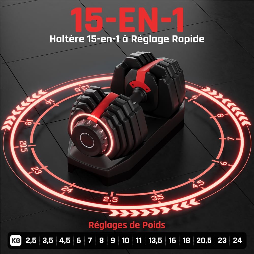 Yaheetech Haltères Réglables 2,5 à 24 kg 15 en 1 avec Base de Rangement, Système de Verrouillage de Sécurité, Poignée Antidérapante pour Entraînement à Domicile, Salle de Sport
