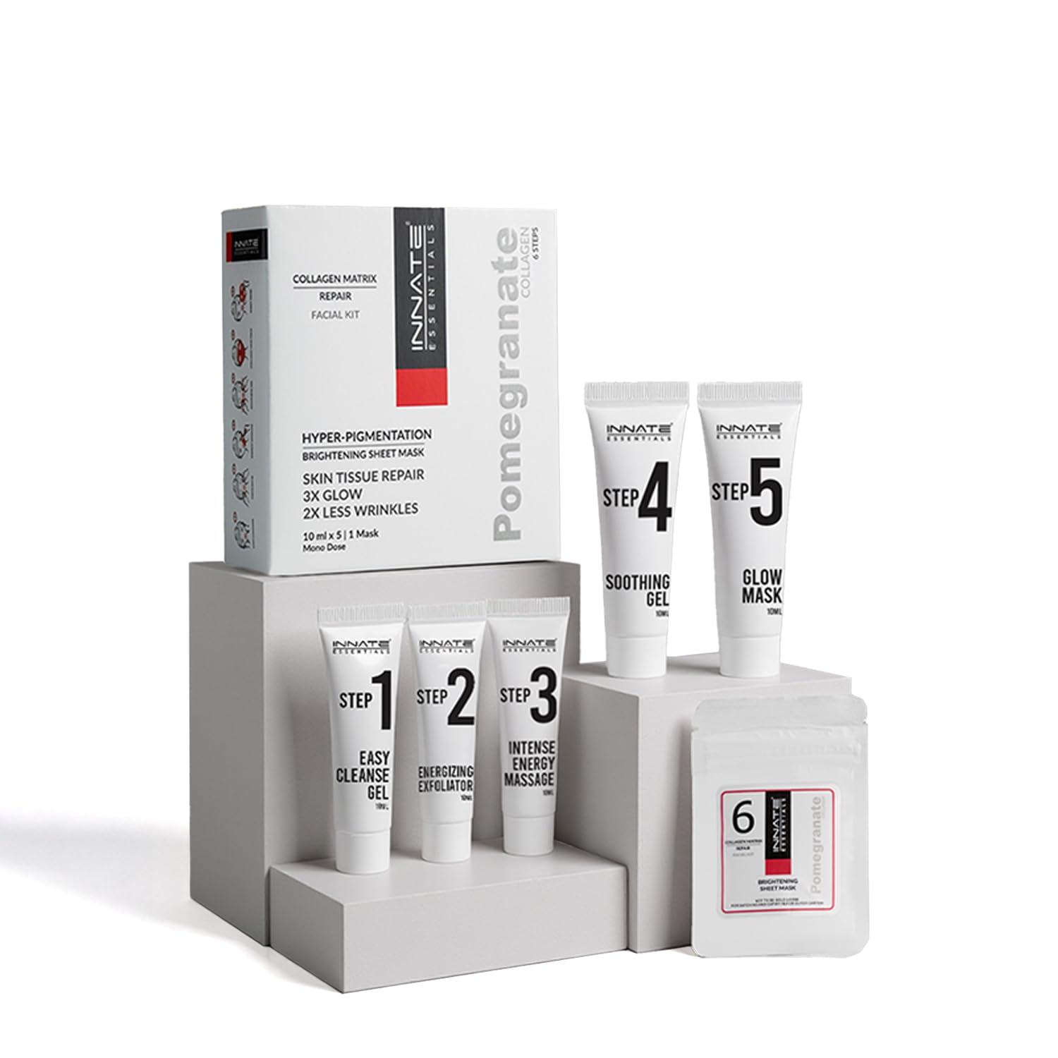 INNATE YOU ARE BEAUTIFUL Pomegranate Collagen Repair Hyperpigmentation & Blemish Facial Kit For Women Men | For All Skin Types With 5 Steps And 1 Sheet Mask - 35Ml (7Ml X 5)