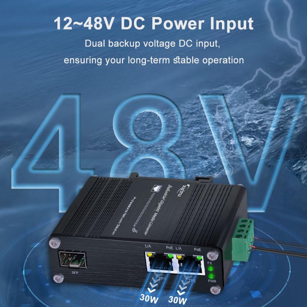 Mini convertisseur de média à fibre Gigabit industriel à 2 ports prenant en charge l'installation sur rail DIN, commutateur à fibre IEEE 802.3af/at 30 W PoE+ avec 2 ports RJ45 et 1 port SFP, entrée