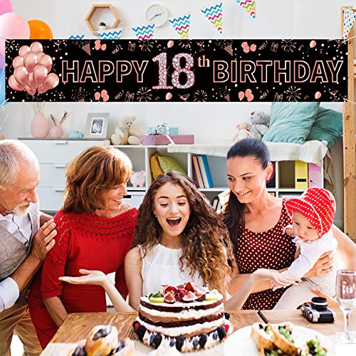 Image of 18th Birthday Decorations for Girls, Happy 18th Birthday Banner Rose Gold and Black 18 Year Old Birthday Decorations Party Supplies (9.8x1.6ft)