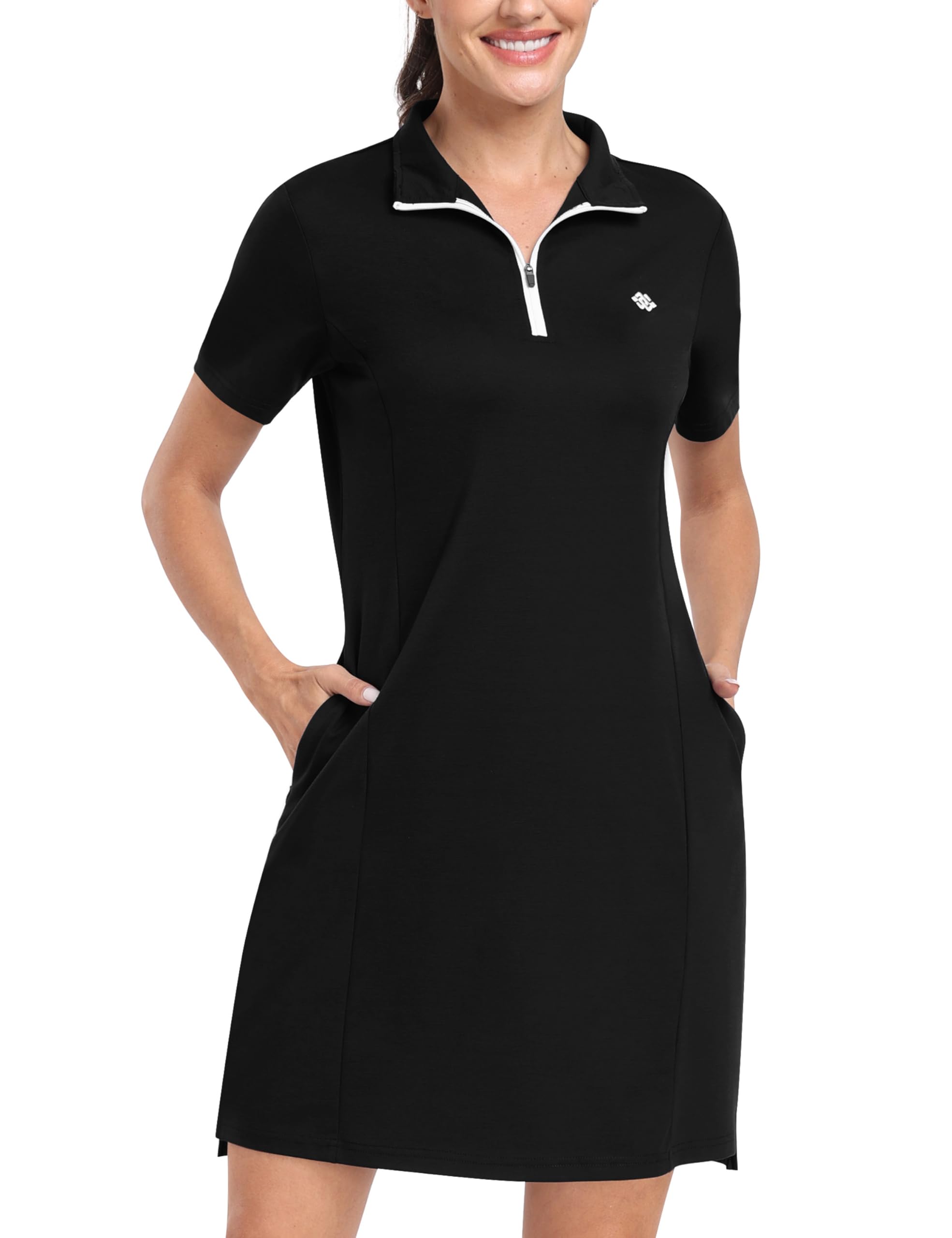 JINSHI Women's Tennis Golf Dress Soft Sport Workout Short Sleeve Stand Collar Dresses for Women with Zipper Pockets