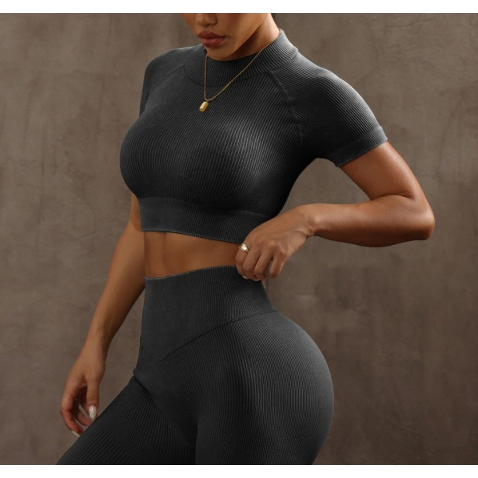 KIRYU Conjunto de ropa deportiva acanalada sin costuras de 2 piezas para mujer, camiseta corta de manga corta y leggings de cintura alta, gimnasio, yoga, entrenamiento