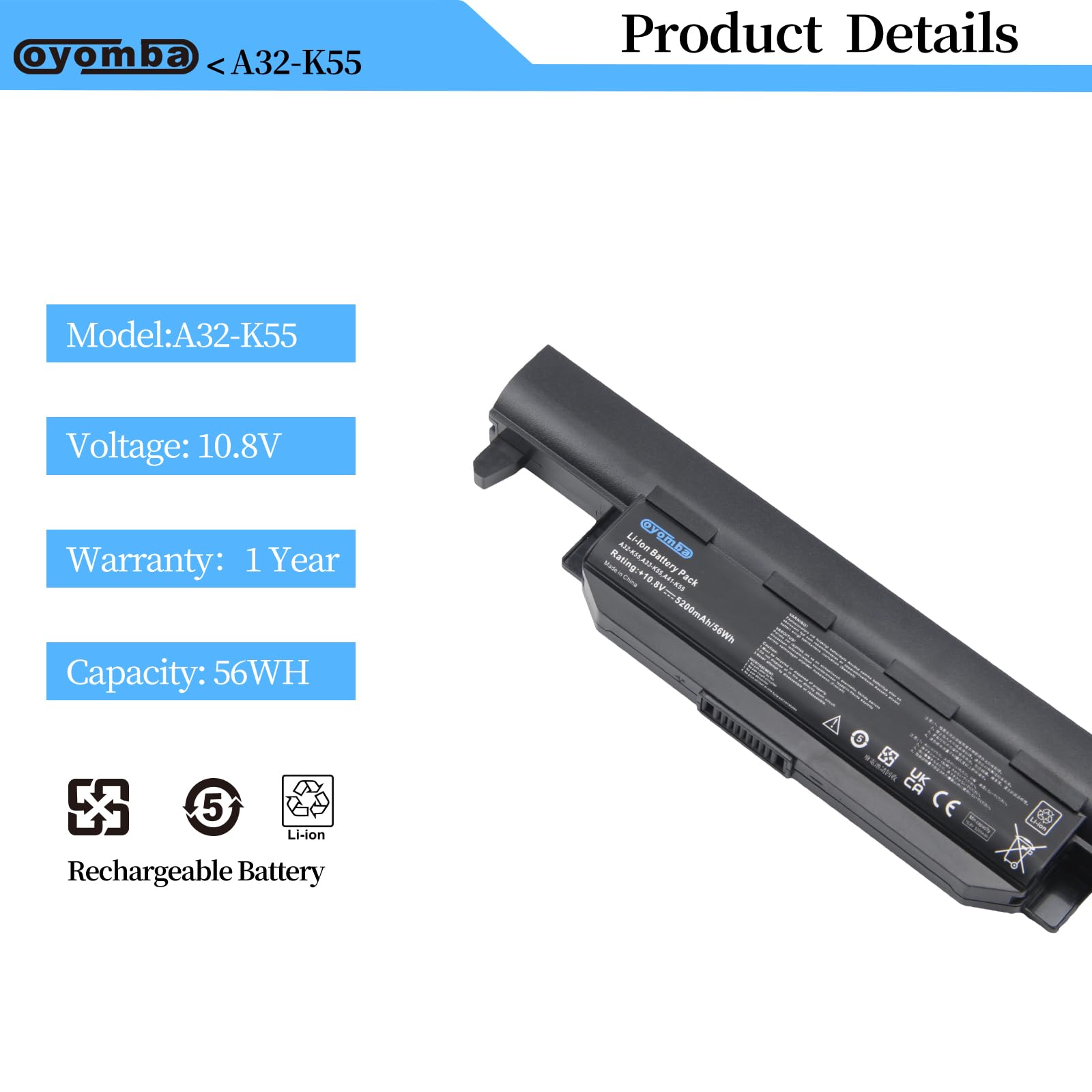 Batterie Oyomba A32-K55 5200mAh Pour ASUS X75 K55 R500 - Remplacement Haute Capacité