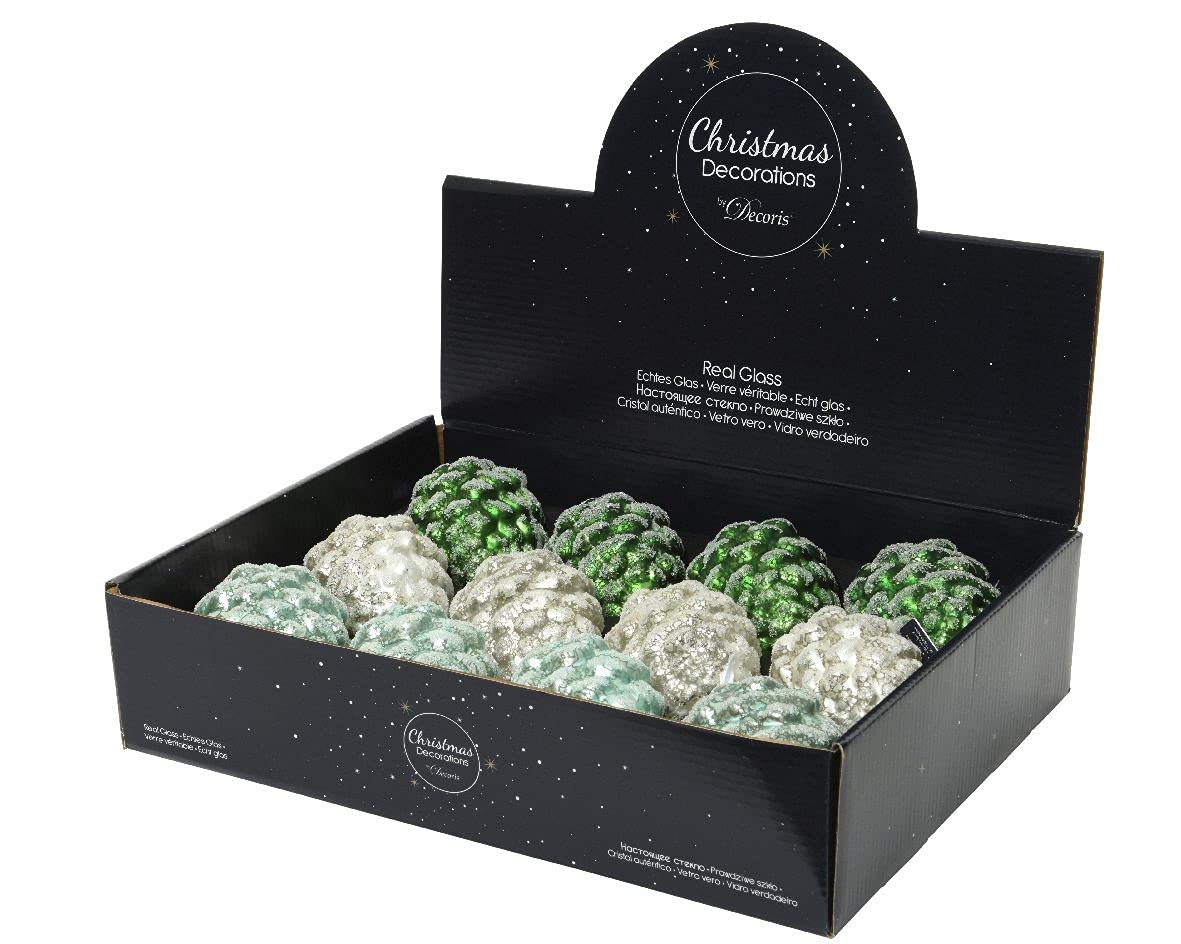 Decoris Christbaumschmuck Zapfen Glas 10cm x 12 Stück Set Weihnachtskugeln weiß Mint grün dunkelgrün Mix
