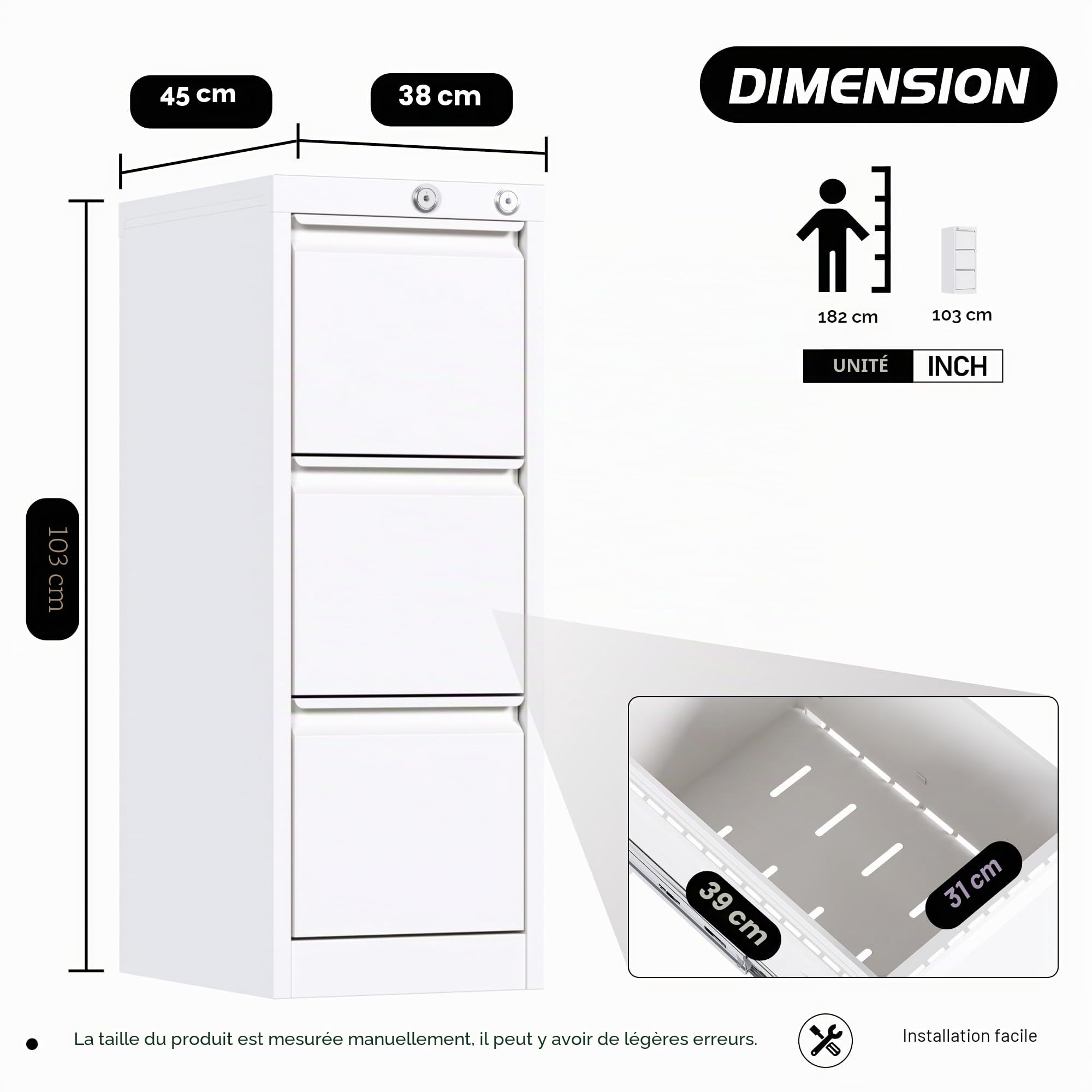 SUPEER Armoire de bureau verticale en métal avec 3 tiroirs pour dossiers suspendus, lettre/taille légale (blanc)
