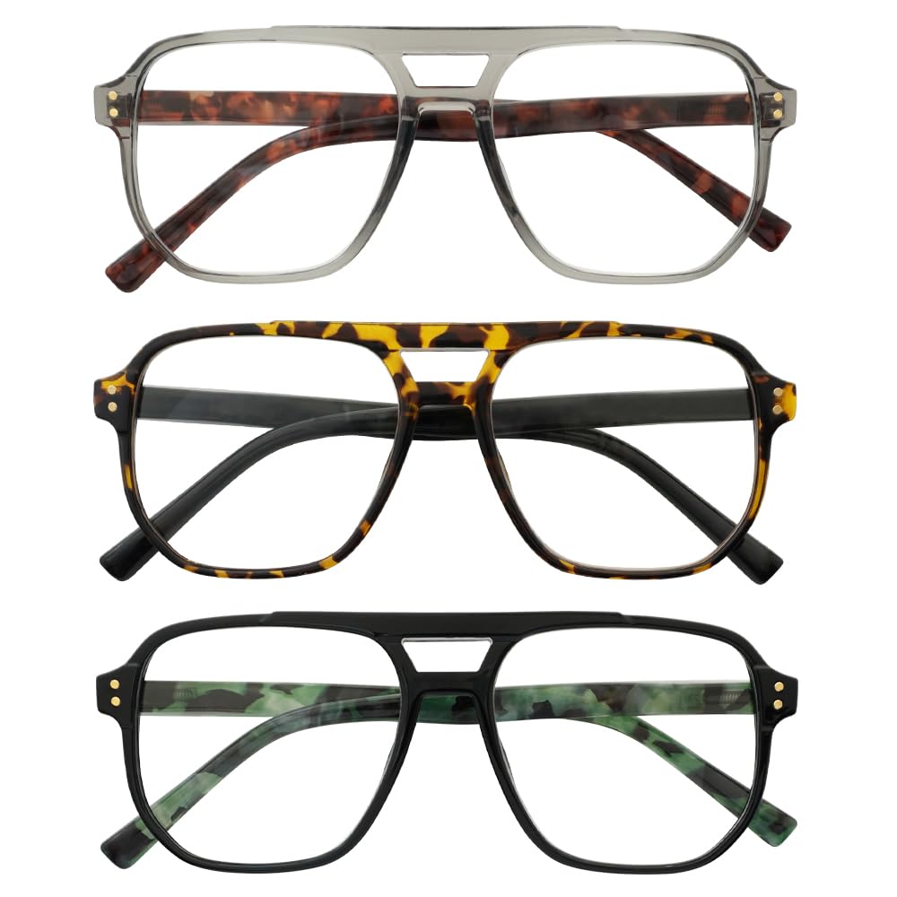 Lot de 3 Lunettes de Lecture Aviateur Homme avec Lumière Bleue Lunettes de Lecture Rétro pour Ordinateur 1.5 Gris Caravane Noir Grande
