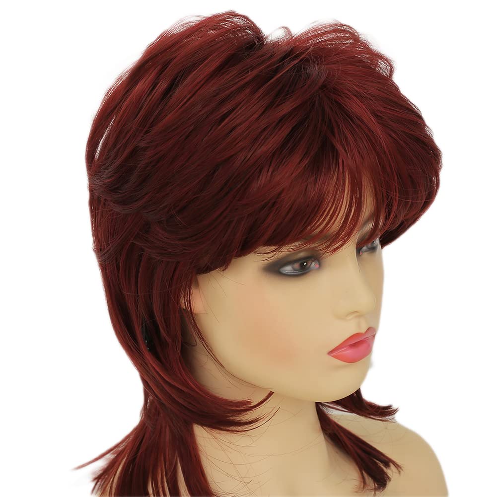 Short Wine Red Mullet Wig for Women 80s Shaggy Layered Pixie Cut Wigs With Bangs Curly Synthetic Hair Replacement Wigs for White Women Daily Party Cosplay Costume Use - Image 5