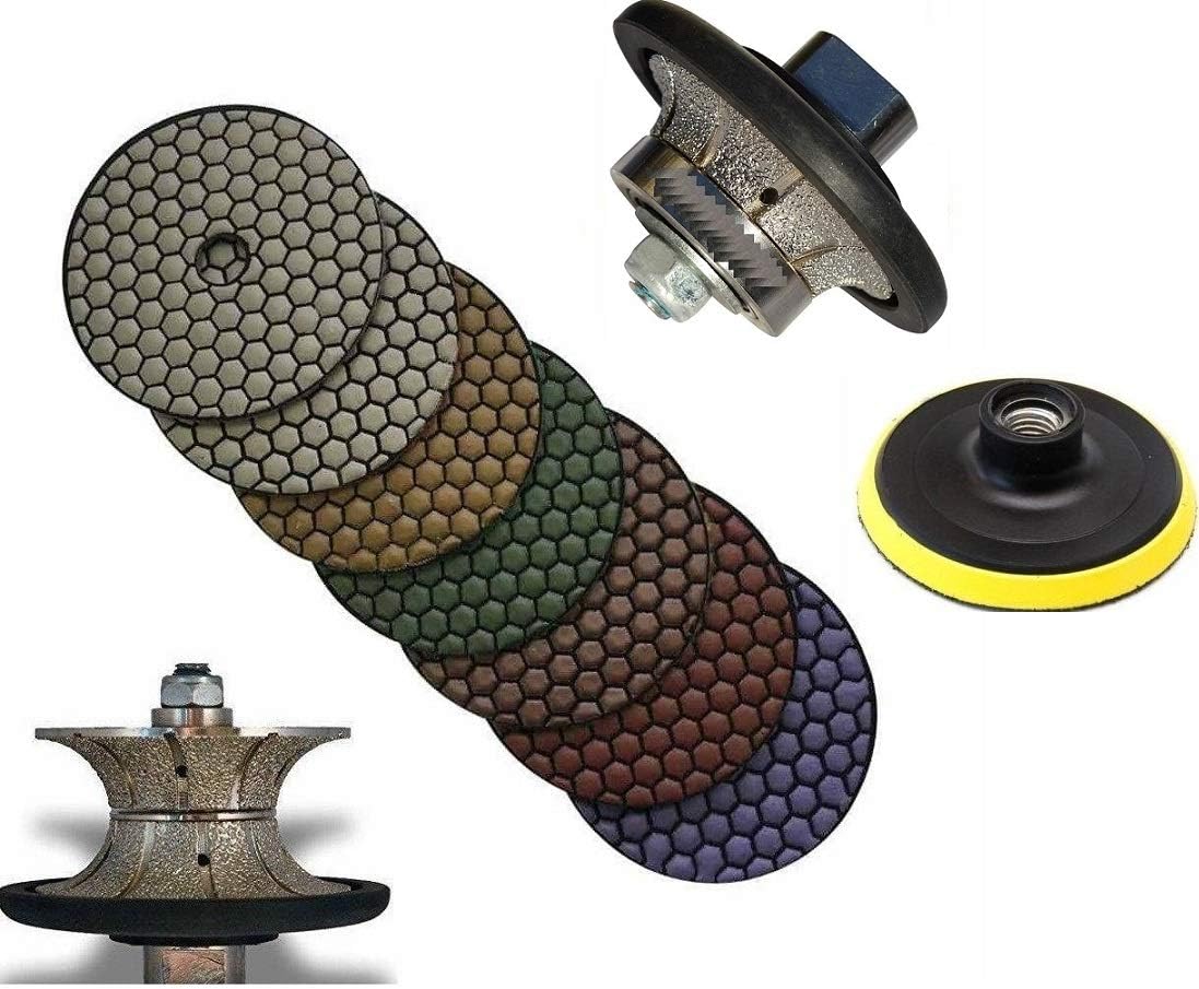 Diamond 3/8" Half Bullnose and 1 1/2" Full Bullnose Router Bit shaping grinding wheel 4" Diamond DRY Polishing Pad Matte 7+1 for stone marble granite concrete counter top tile floor grinder sander