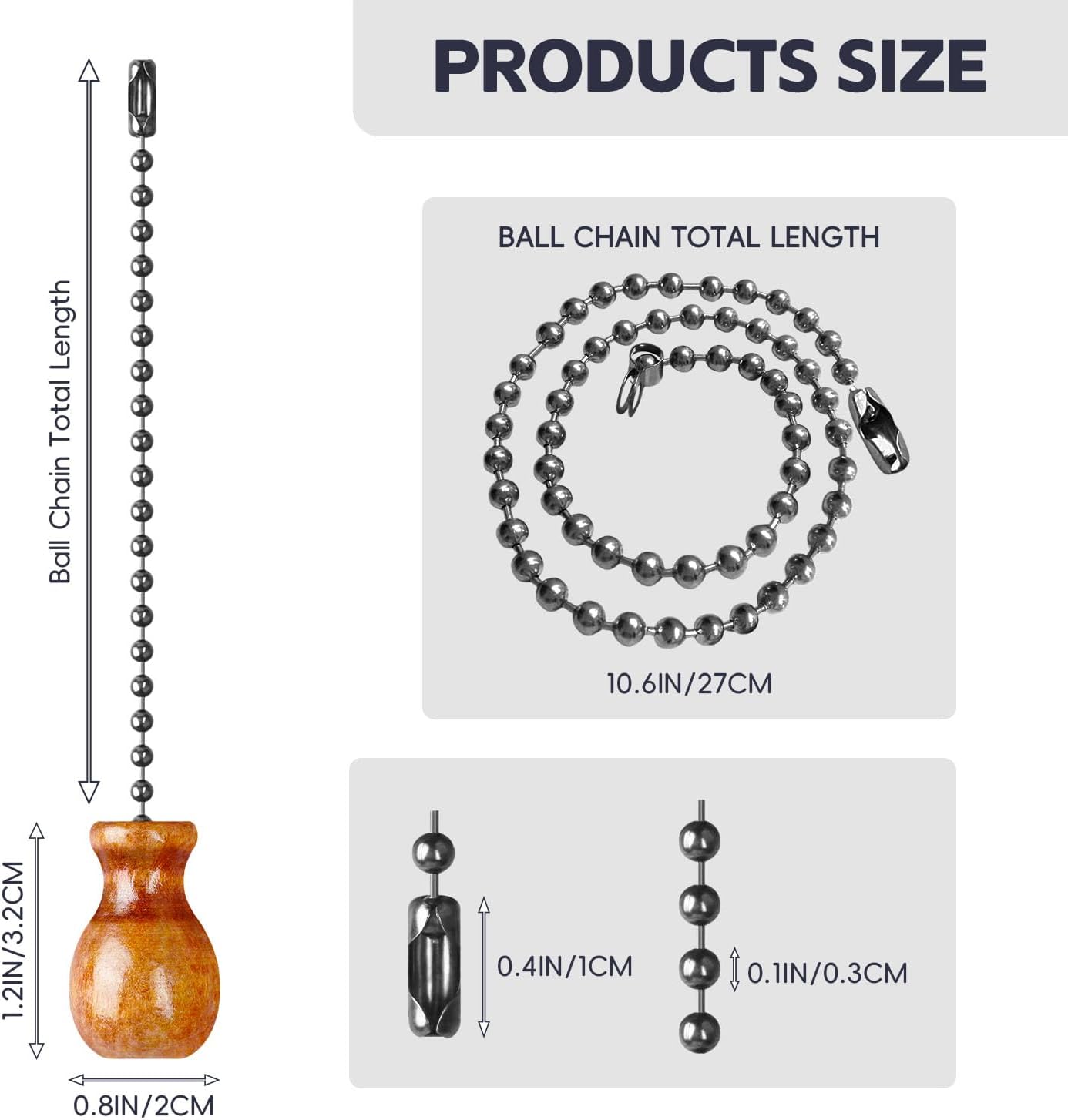 Ceiling Fan Pull Chain, 4 Pack Wooden Pendant Pull Chain Extension, 12 Inches Decorative Chain Pulls for Ceiling Light Fan Lamp, Beads Ball Pull Chain Extenders with Connector, C