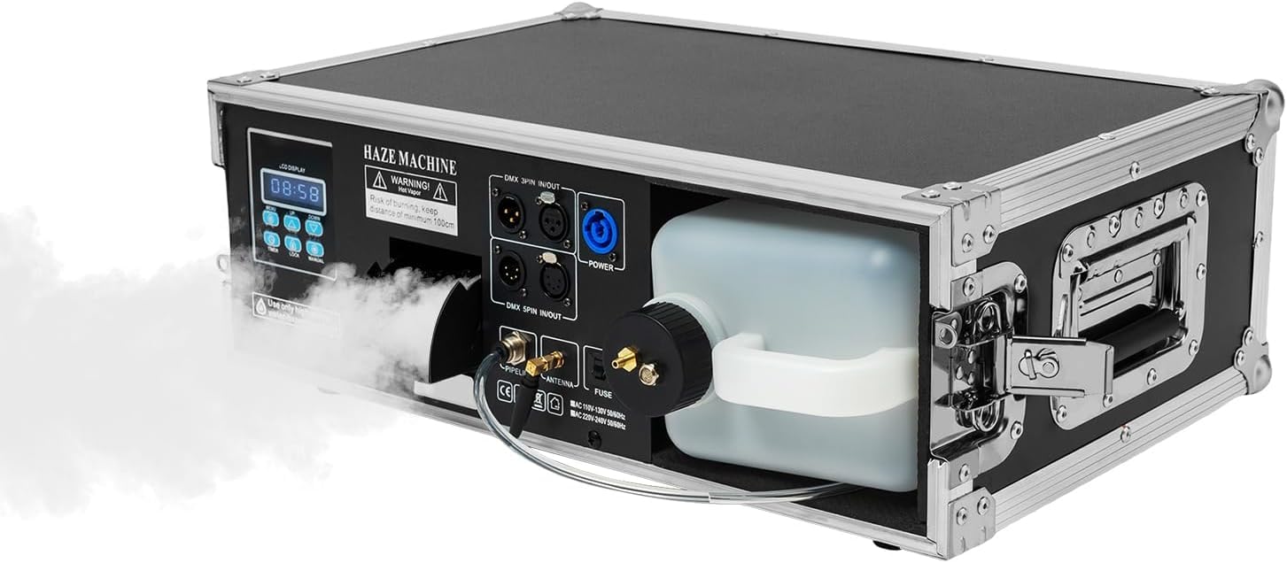 Macchina del Fumo Professionale da 1500 W per palcoscenico con Serbatoio da 3,5 Litri, Flight Case, Telecomando, Compatibile con DJ, Feste, Matrimoni ed Eventi Interni/Esterni.