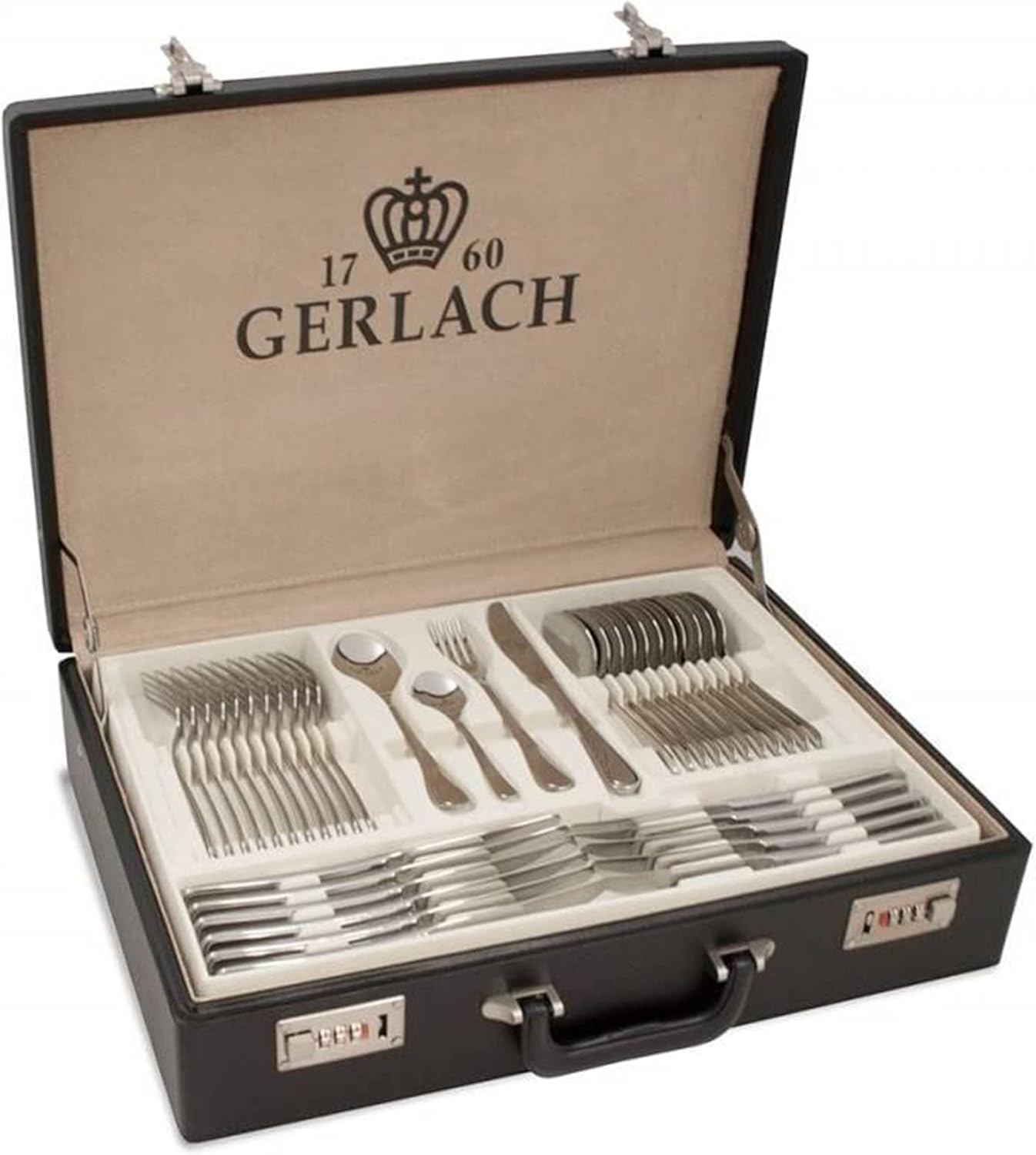 Gerlach Celestia - Juego de cubiertos en maletín para 12 personas, apto para lavavajillas, acero inoxidable, cuchillo, tenedor, cuchara, tenedor, cuchara, tenedor de pastel, cuchara para salsas,
