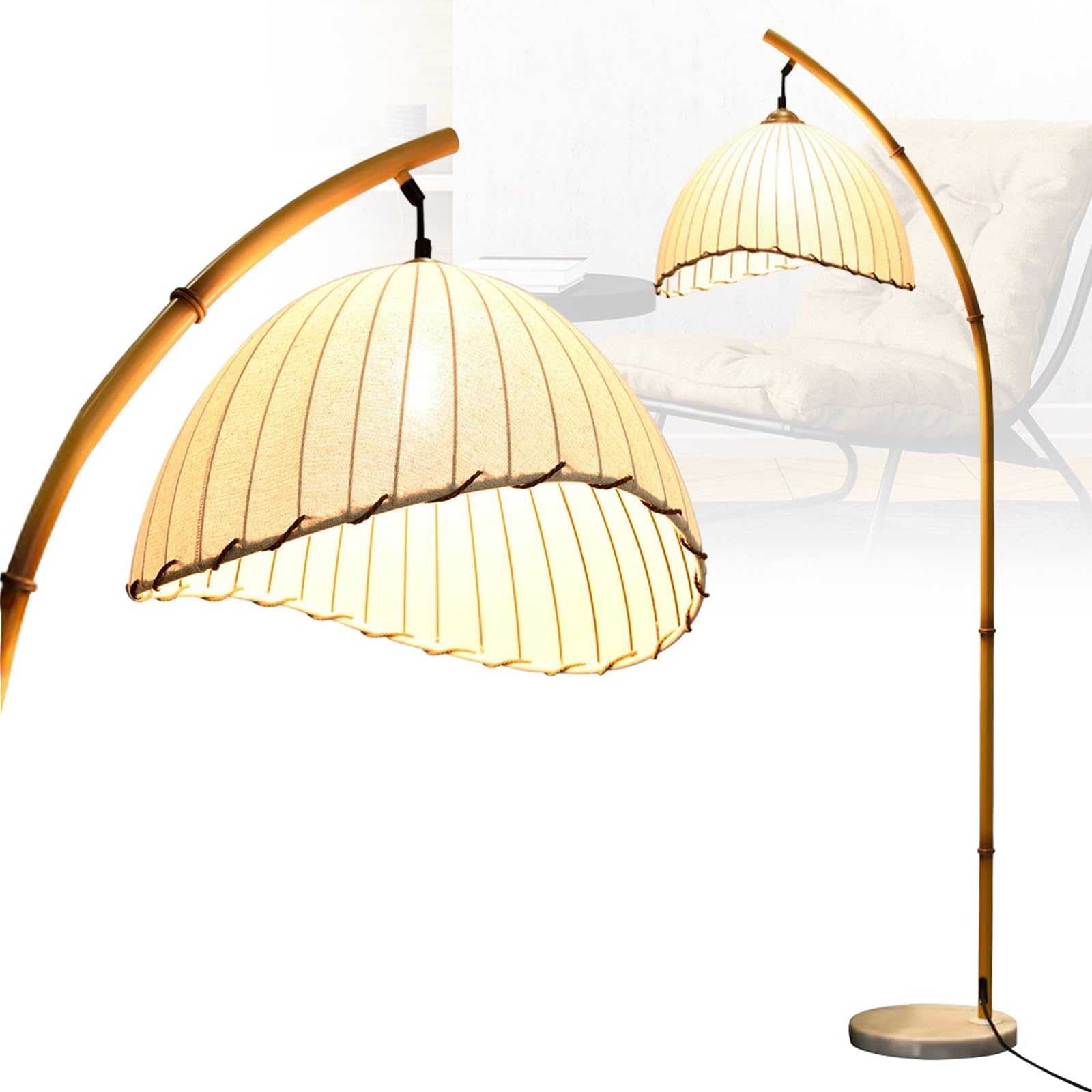 Lámpara De Pie De Imitación De Bambú, Lampara Pie Arco, Lámpara De Pie De Estilo Pastoral, Lámpara De Pie De Tela, Vintage Boho, Adecuada Para Sala De Estar, Dormitorio, Base E27, H160cm