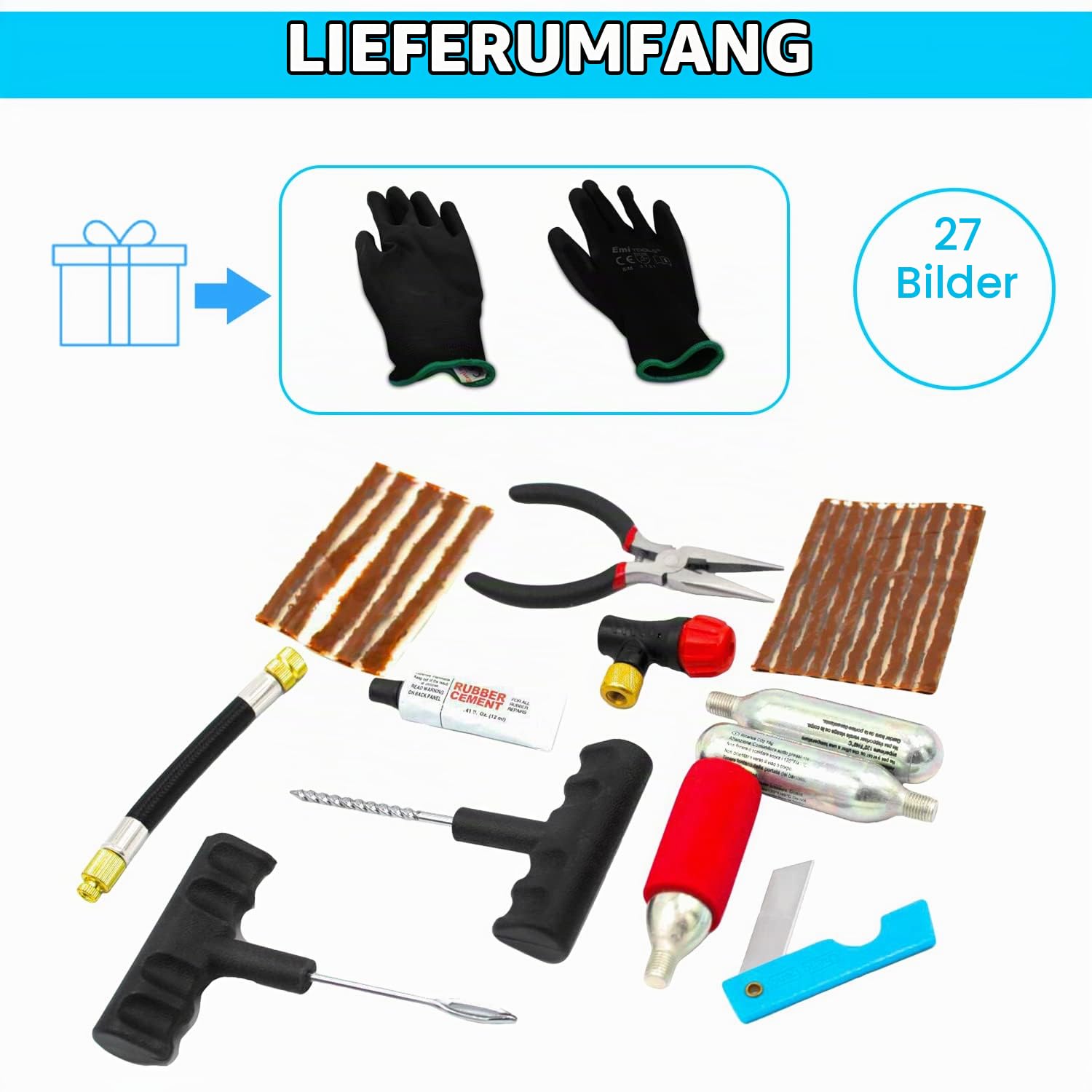 Reifen Reparatur Set Schlauchlos, Notfallausrüstung Enthält, Auto Motorrad MTB Quad Dichtmittel Mit 3 Patronen Easy Inflation + Handschuhe Kostenlos (Pro 3 Co2)